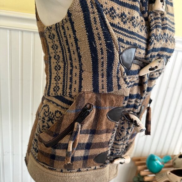 Vintage Plaid Wool Blend Toggle Vest Small Blue & Brown - Picture 7 of 9